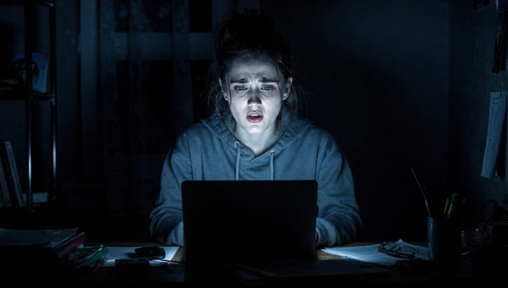 A woman sitting alone at night with laptop screen glow in dark room looking distressed