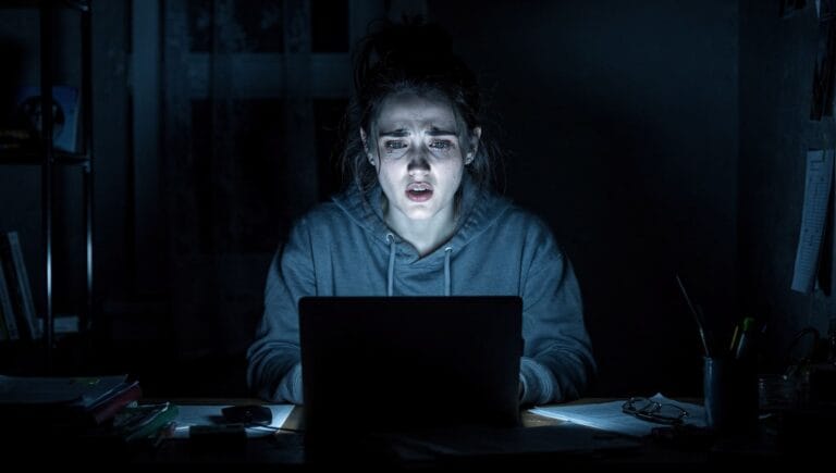Wie man mit Likes abgezockt wird 4 A woman sitting alone at night with laptop screen glow in dark room looking distressed