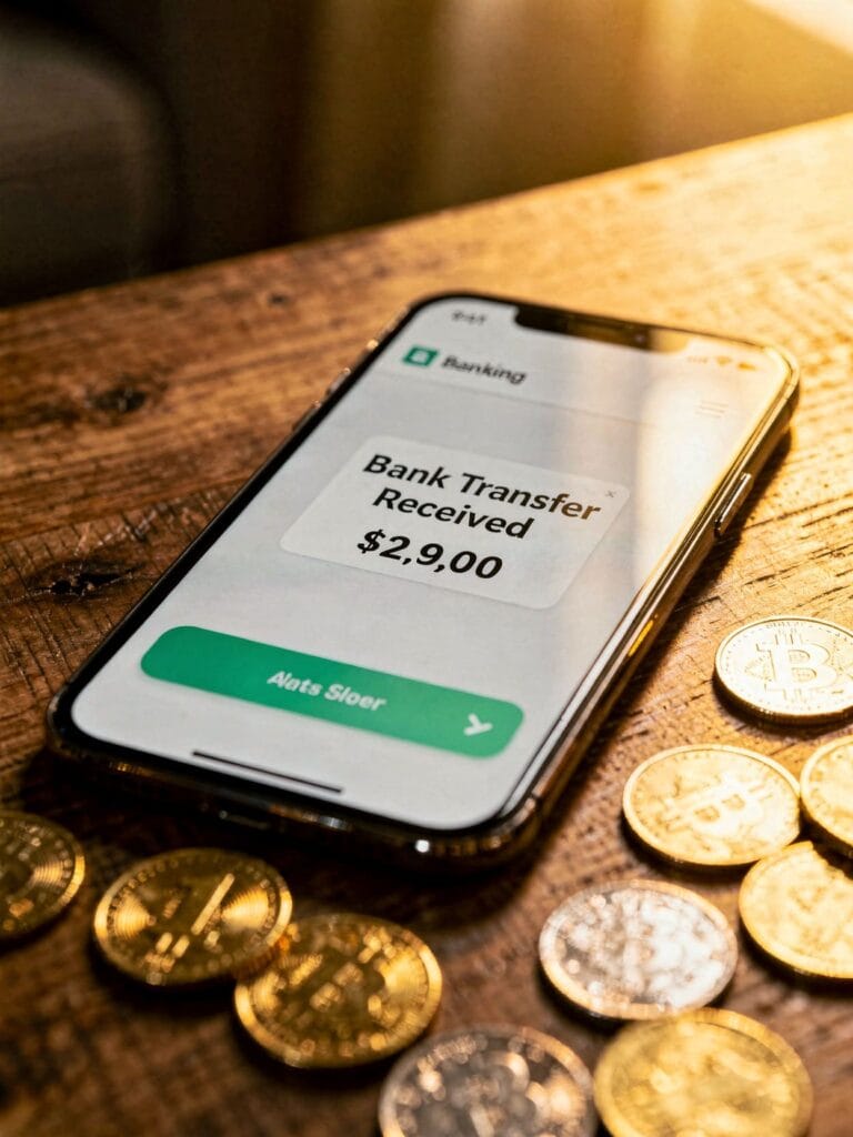 Wie man mit Likes abgezockt wird 2 bank transfer notification on phone screen with money coins on table in warm light