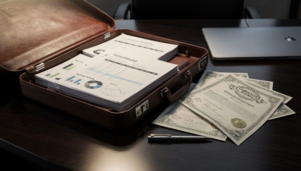 briefcase with investment documents and fake certificates on a desk