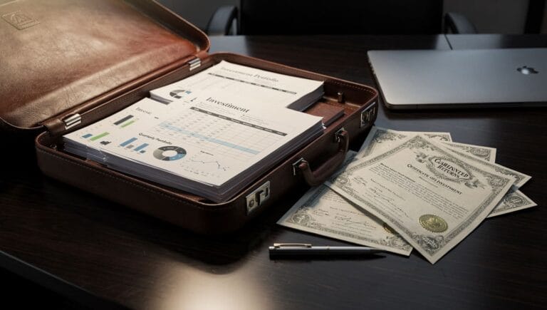 Betrug: Rechtliche Analyse und Schutz Ihrer Rechte 1 briefcase with investment documents and fake certificates on a desk