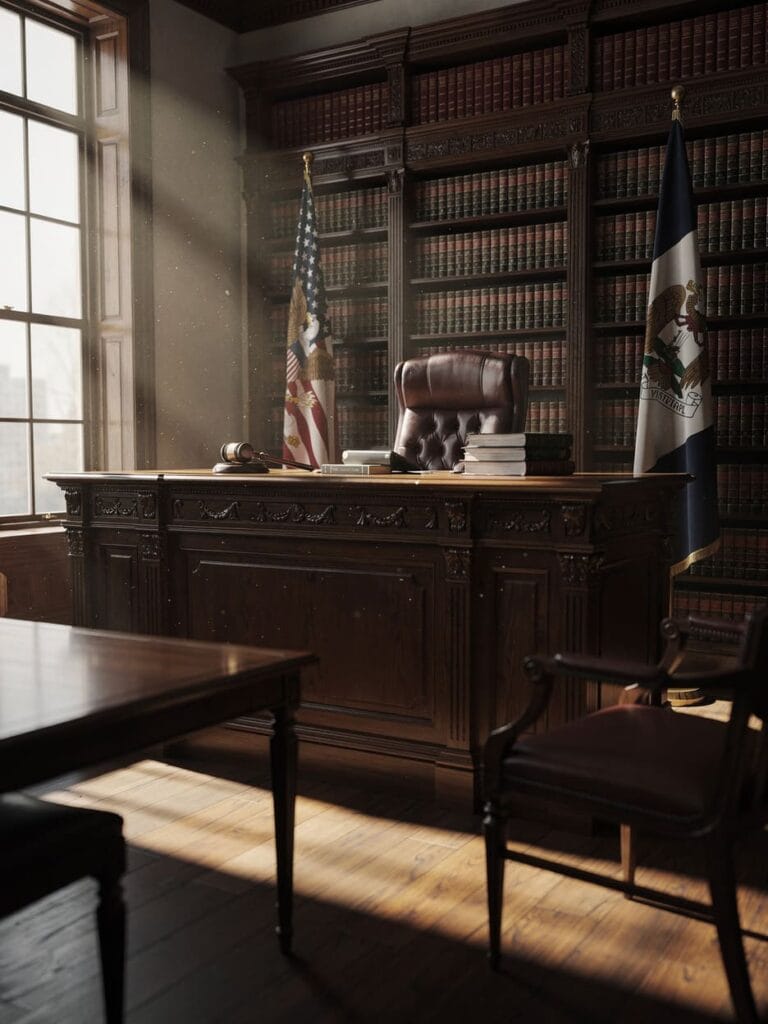 Betrug: Rechtliche Analyse und Schutz Ihrer Rechte 6 courtroom interior with judge bench and law books, dramatic natural light