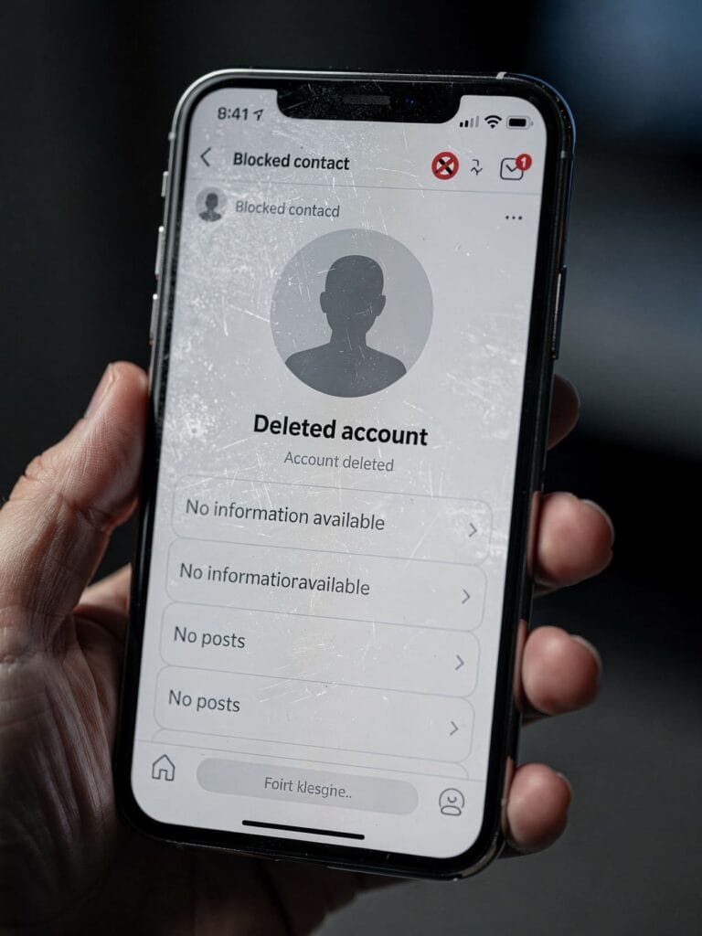 Wie man mit Likes abgezockt wird 3 deleted account screen on phone with empty profile and blocked contact in dim light