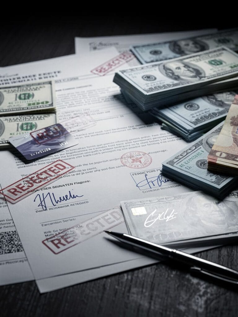 Betrug: Rechtliche Analyse und Schutz Ihrer Rechte 2 financial fraud concept with scattered fake documents and money on a dark table
