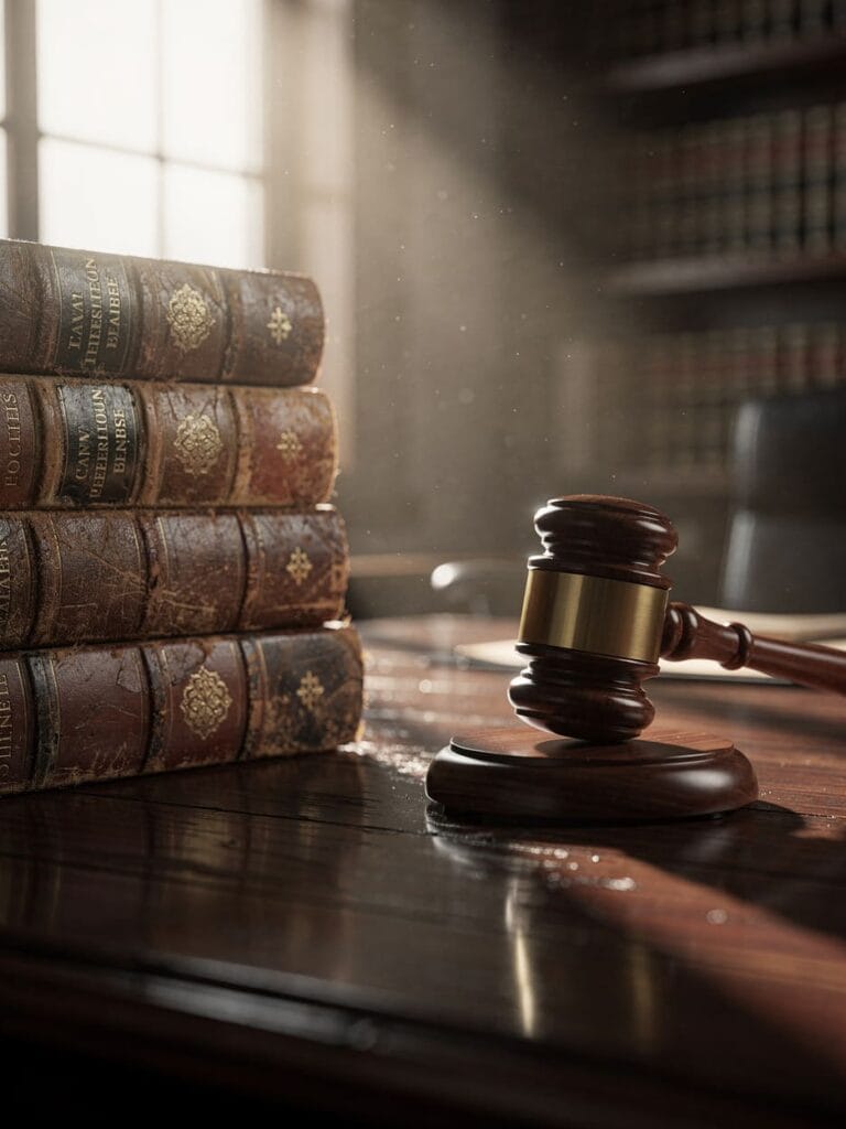 Betrug: Rechtliche Analyse und Schutz Ihrer Rechte 9 law books and gavel on a dark wooden desk with morning light through window