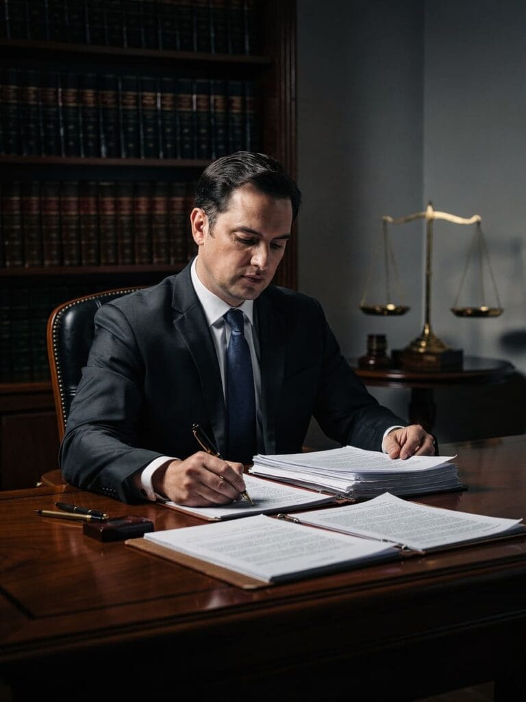 Betrug: Rechtliche Analyse und Schutz Ihrer Rechte 1 lawyer reviewing documents at a desk with law books and scales of justice in background, dramatic lighting