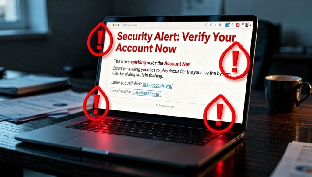 Betrug: Rechtliche Analyse und Schutz Ihrer Rechte 3 phishing email on laptop screen with warning symbols