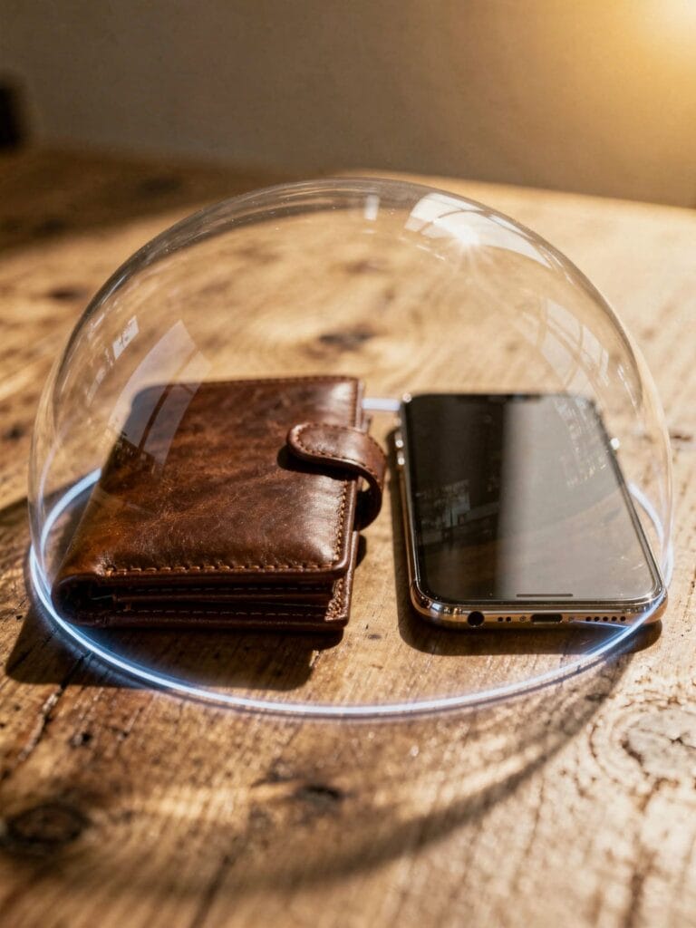 Wie man mit Likes abgezockt wird 4 protective shield over wallet and smartphone on a wooden table in warm light