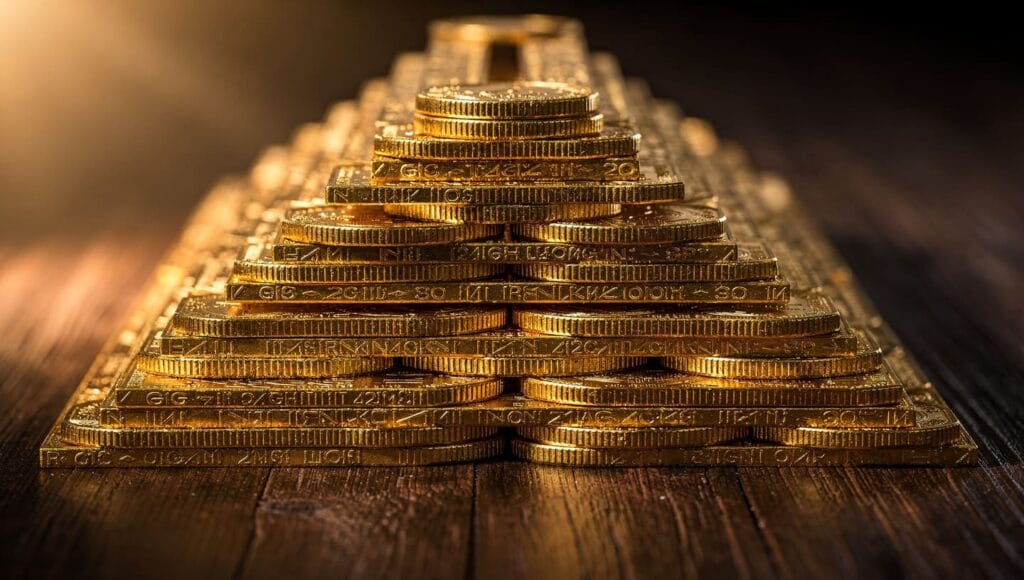 Betrug: Rechtliche Analyse und Schutz Ihrer Rechte 8 pyramid structure made of gold coins stacked on a table