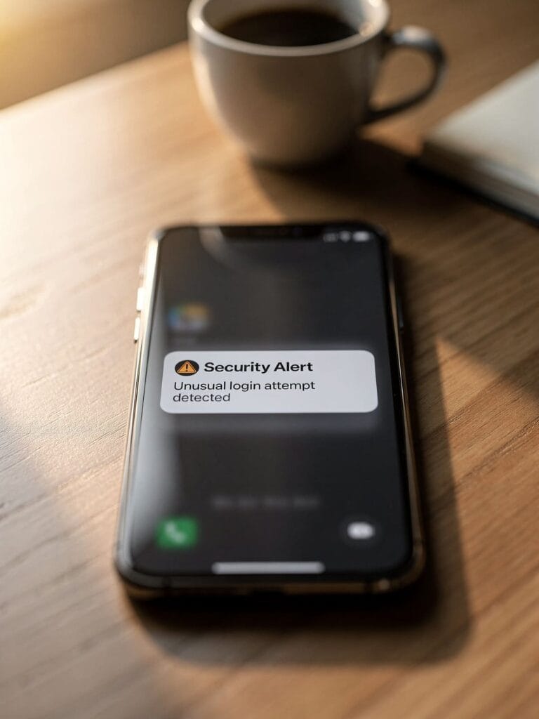 Wie man mit Likes abgezockt wird 1 smartphone screen with suspicious message notification on wooden desk in soft morning light