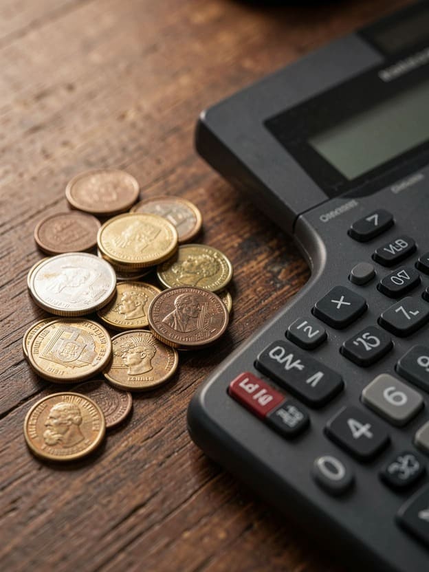 coins and calculator on wooden desk close up
