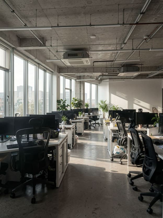 empty open plan office during lockdown natural light