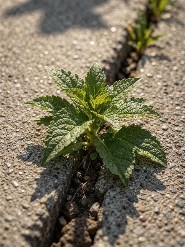 green plant growing through concrete crack sunlight