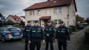 police officers in front of residential house in a small German town