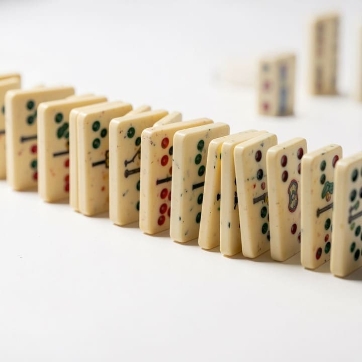 row of dominoes falling on white surface close up