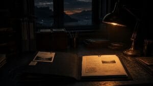 Cinematic photograph at late dusk of an organized researcher workspace
