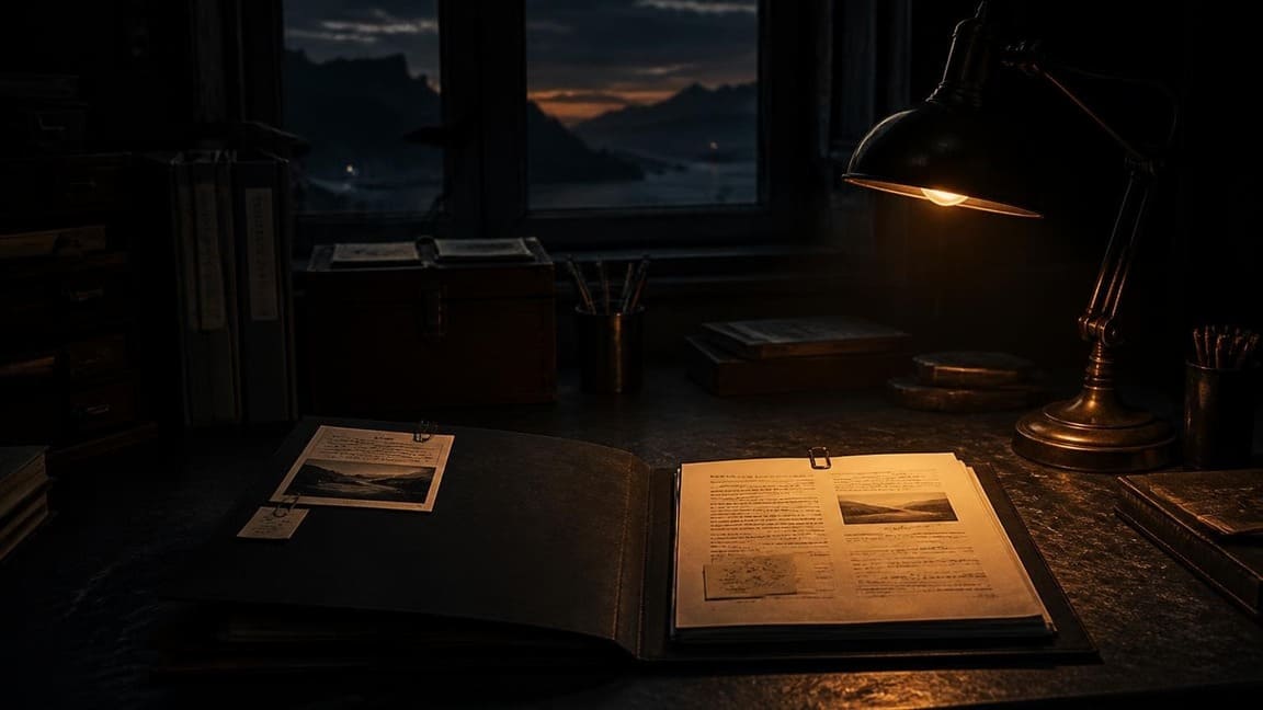 Cinematic photograph at late dusk of an organized researcher workspace